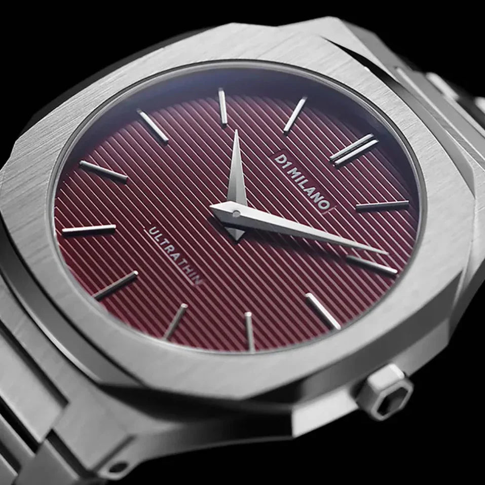 D1 Milano Ultra Thin Bordeaux Red Dial Silver Steel Strap Watch for Unisex - D1-UTBJ11