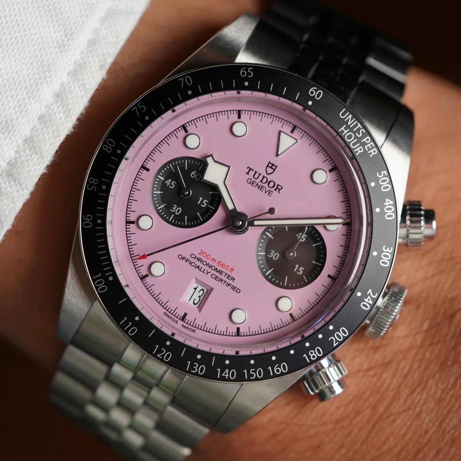 Tudor Black Bay Chrono Pink Dial Silver Steel Strap Watch for Men - M79360N-0019