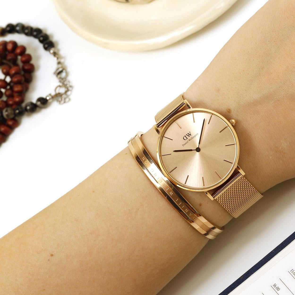 Daniel Wellington Petite Rose Gold Dial Rose Gold Mesh Strap Watch For Women - DW00100472