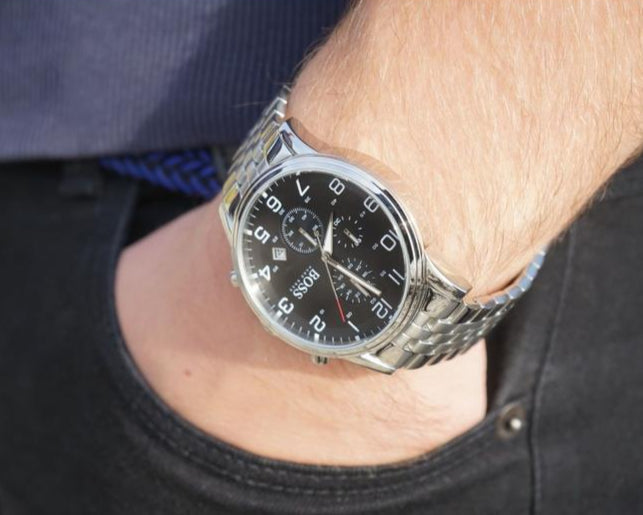 Hugo Boss Aeroliner Chronograph Black Dial Silver Steel Strap Watch For Men - 1512446