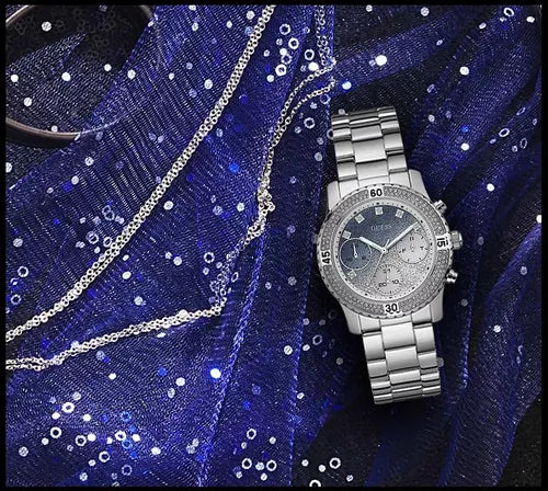 Guess Confetti Diamonds Blue Dial Silver Steel Strap Watch for Women - W0774L6
