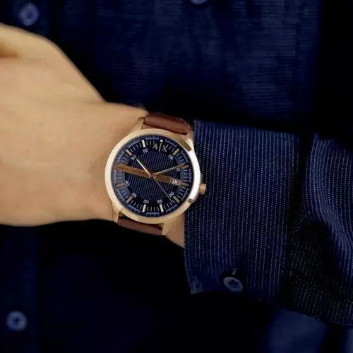 Armani Exchange Hampton Chronograph Blue Dial Brown Leather Strap Watch For Men - AX2172