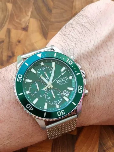 Hugo Boss Admiral Green Dial Silver Mesh Bracelet Watch for Men - 1513905