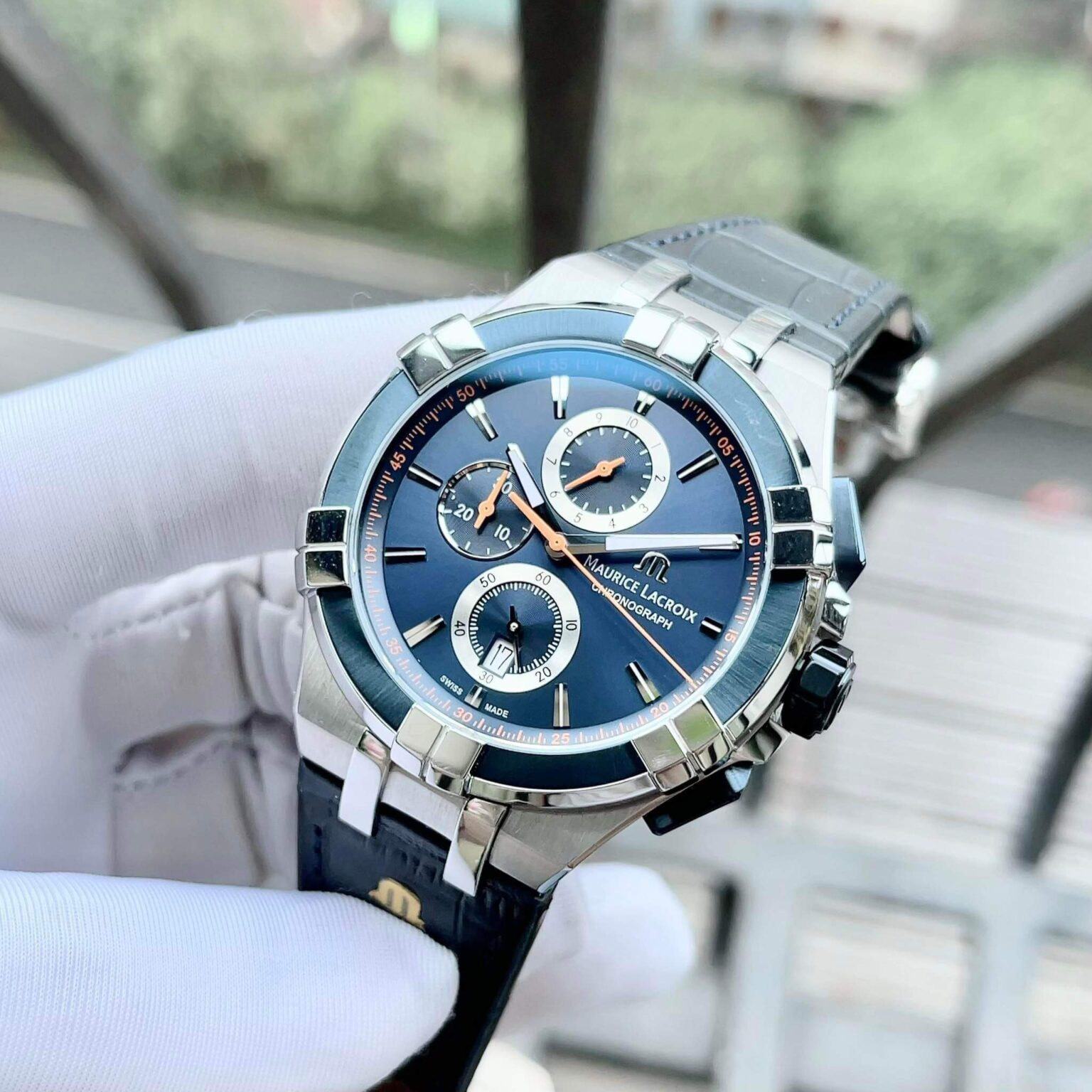 Maurice Lacroix Aikon Chronograph Blue Dial Blue Leather Strap Watch For Men - AI1018-SS001-432-4
