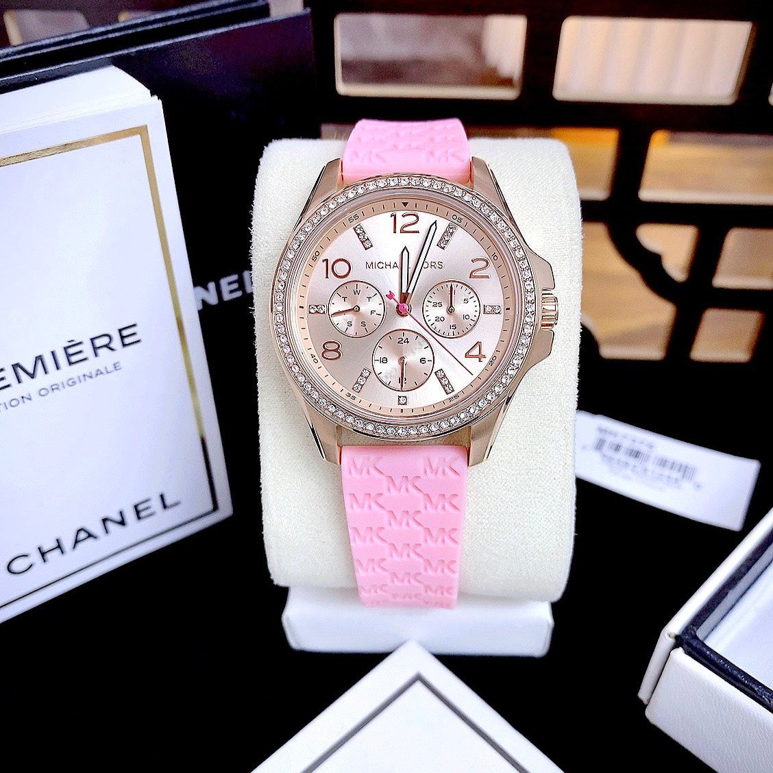 Michael Kors Mini Pilot Quartz Rose Gold Dial Pink Silicone Strap Watch For Women - MK7375
