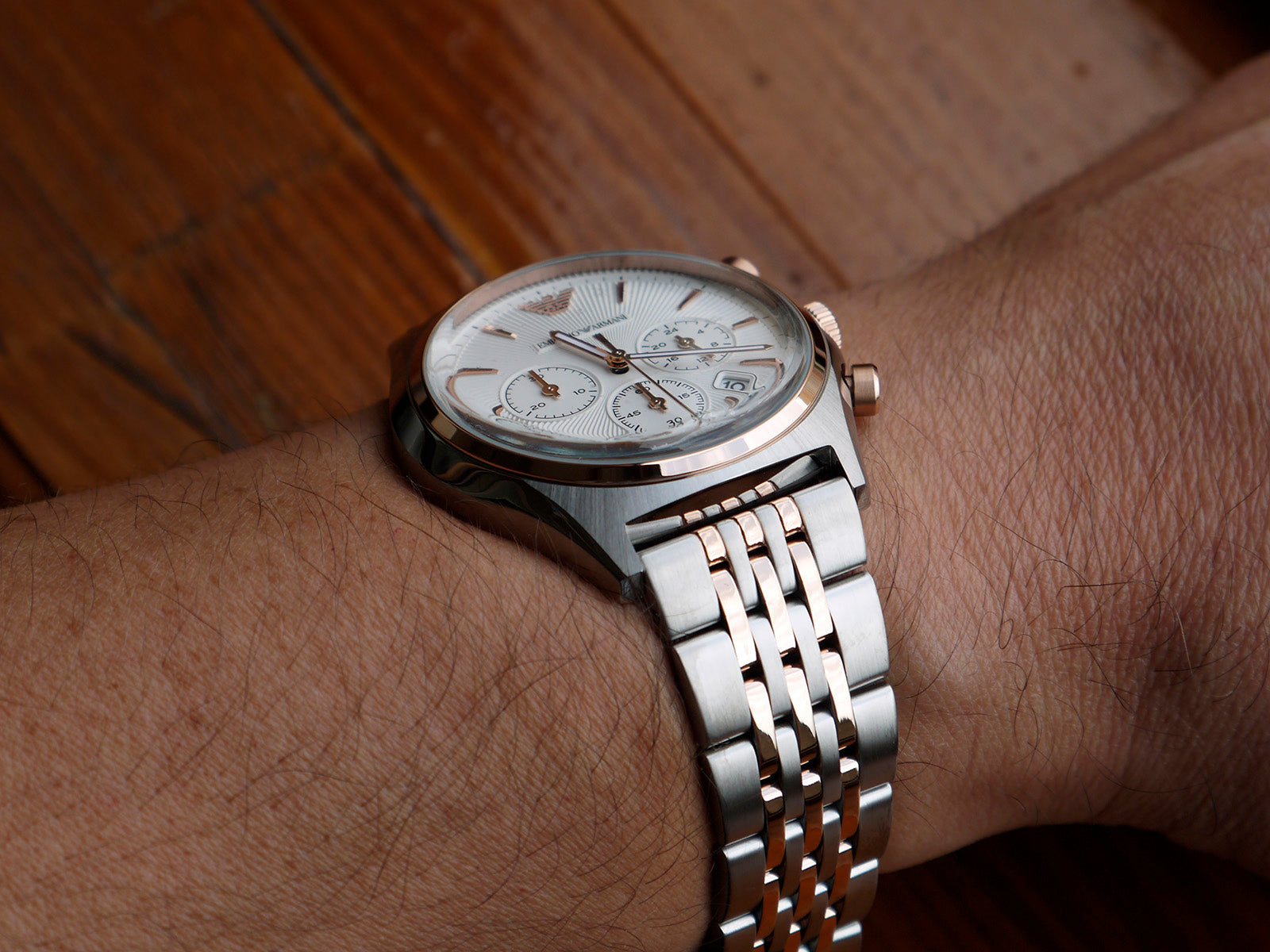 Emporio Armani Zeta Chronograph Quartz White Dial Two Tone Steel Strap Watch For Men - AR1998