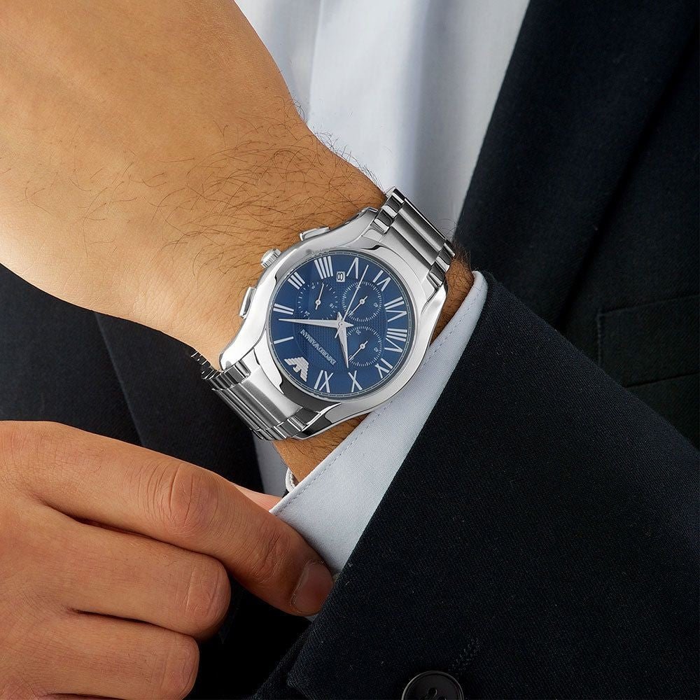 Emporio Armani Classic Blue Dial Silver Steel Strap Watch For Men - AR1635