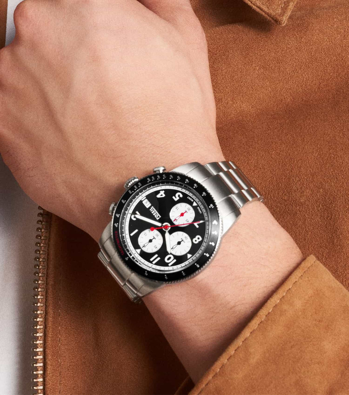 Fossil Sport Tourer Chronograph Black Dial Silver Steel Strap Watch for Men - FS6045