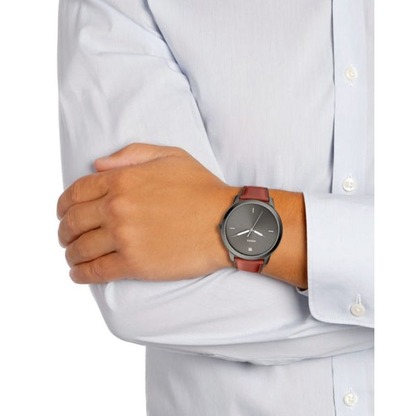 Fossil The Minimalist 3H Grey Dial Brown Leather Strap Watch for Men - FS5479