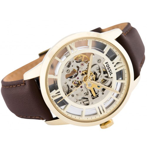 Fossil Townsman Automatic Skeleton Gold Dial Brown Leather Strap Watch for Men - ME3043