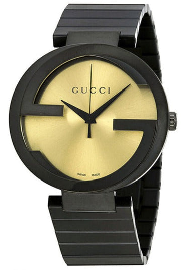 Gucci Interlocking Grammy XL Gold Dial Black Steel Strap Watch for Men - YA133209