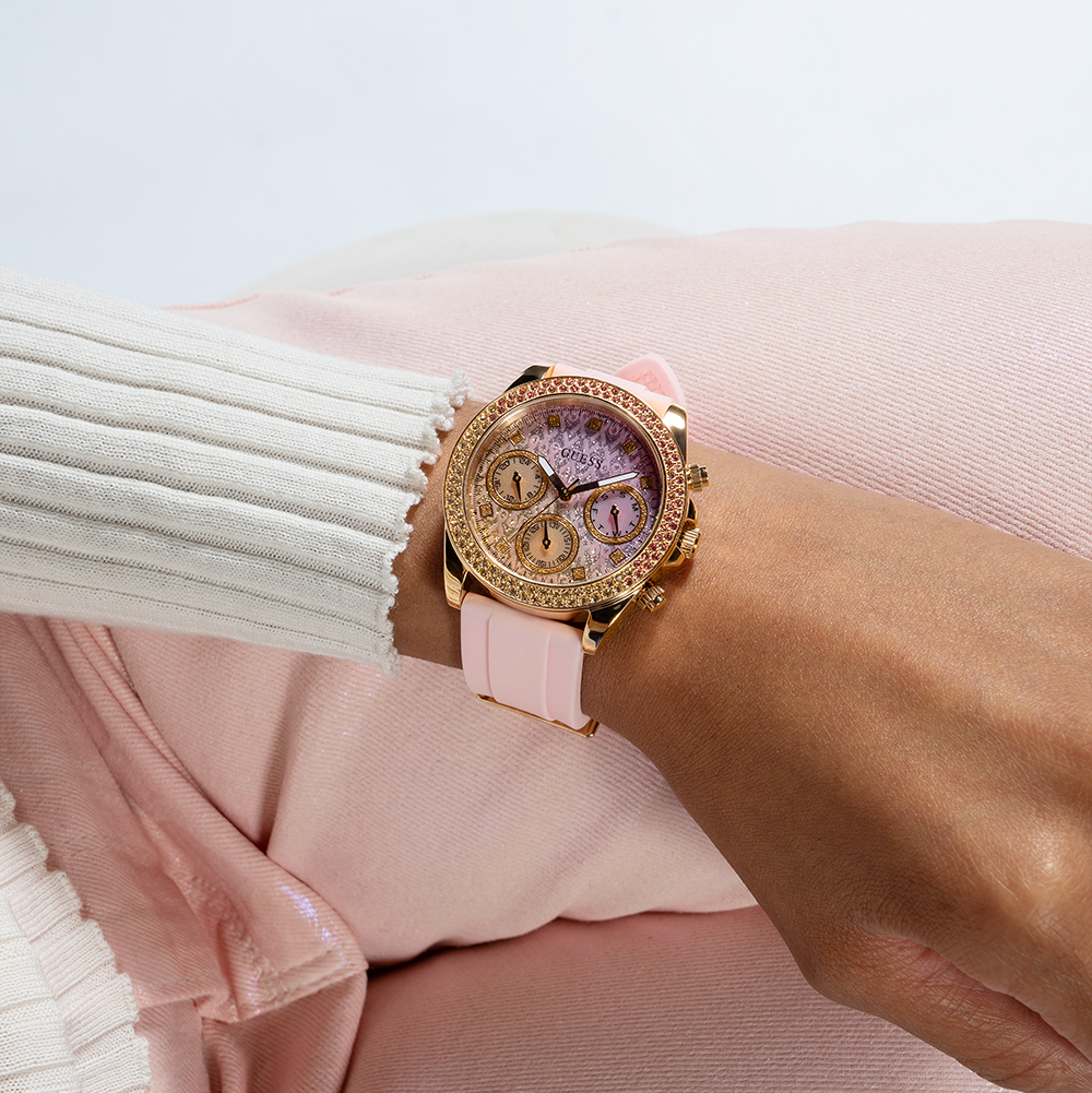Guess Sparkling Chronograph Crystals Pink Dial Pink Silicone Strap Watch For Women - GW0032L4