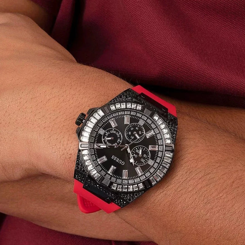 Guess Mainline Multifunction Crystals Black Dial Red Silicone Strap Watch For Men - GW0208G6