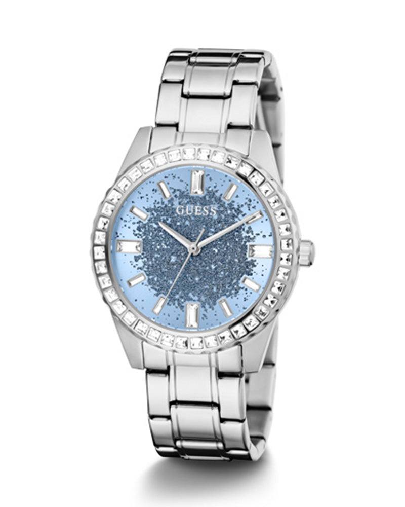 Guess Glitter Burst Diamonds Blue Dial Silver Steel Strap Watch for Women - GW0405L1