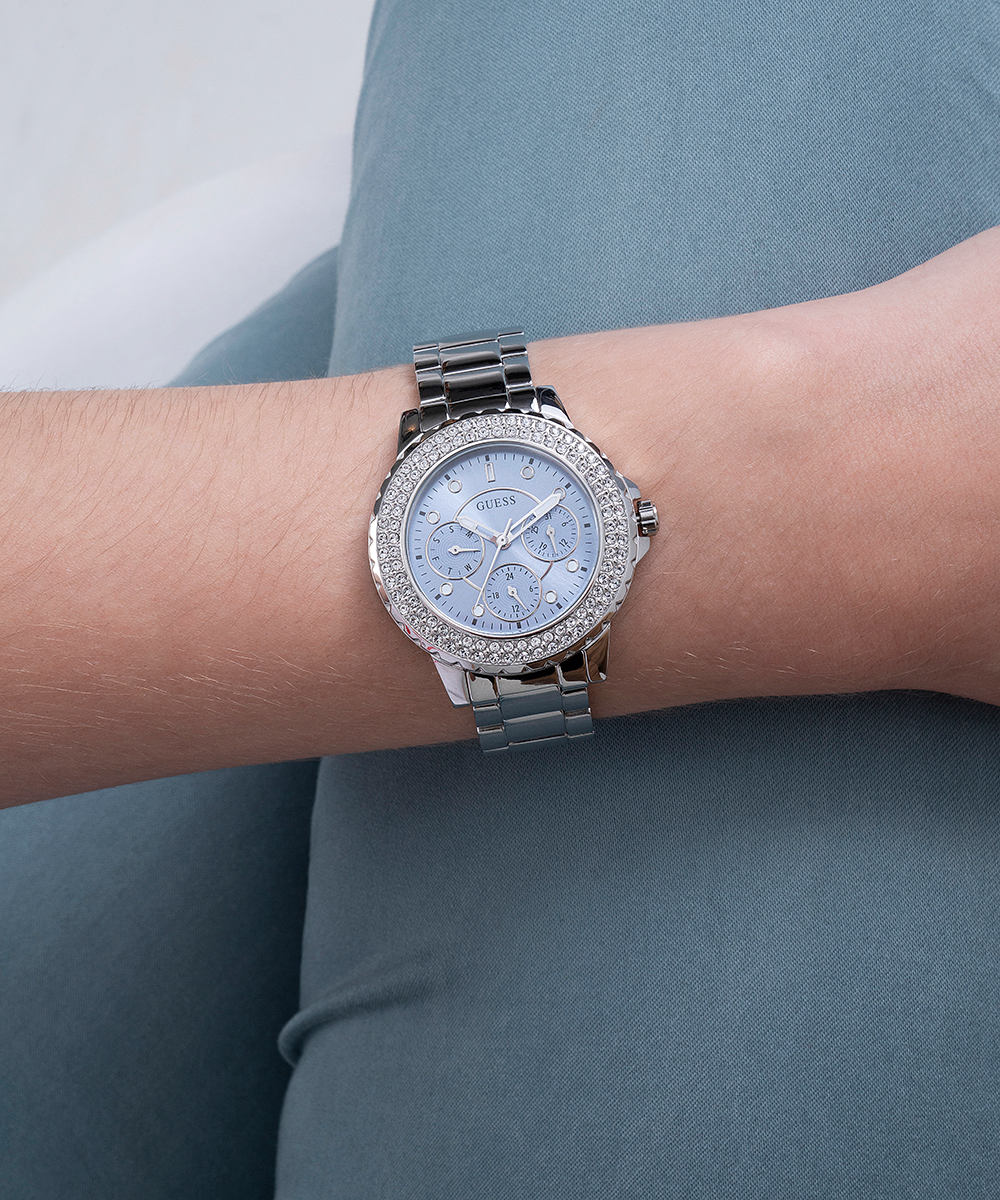 Guess Bedazzle Diamonds Silver Dial Silver Steel Strap Watch For Women - W1097L1