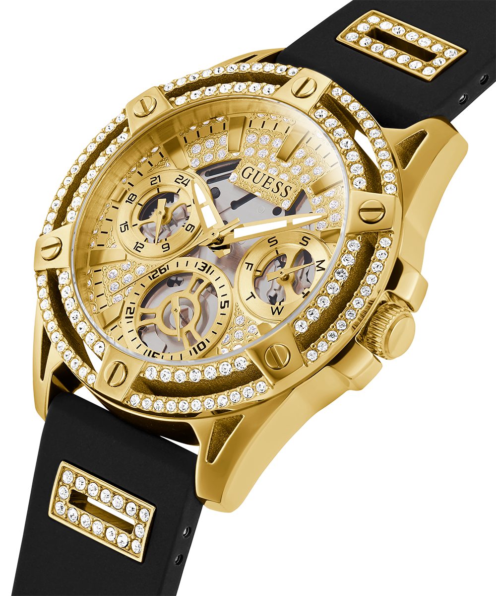 Guess Queen Quartz Gold Dial Black Silicone Strap Watch For Women - GW0536L3