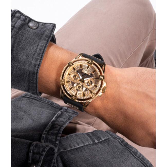 Guess King Quartz Crystals Gold Dial Black Silicone Strap Watch For Men - GW0537G2