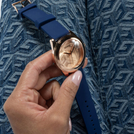 Guess Cubed Analog Rose Gold Dial Blue Leather Strap Watch For Women - GW0665L2