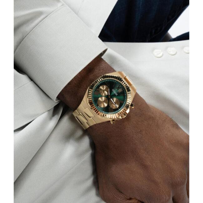 Guess Equity Analog Green Dial Gold Steel Strap Watch For Men - GW0703G2