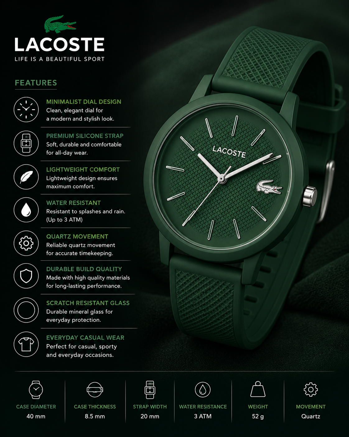 Lacoste 12.12 Move Green Dial Green Silicon Strap Watch for Men - 2011238