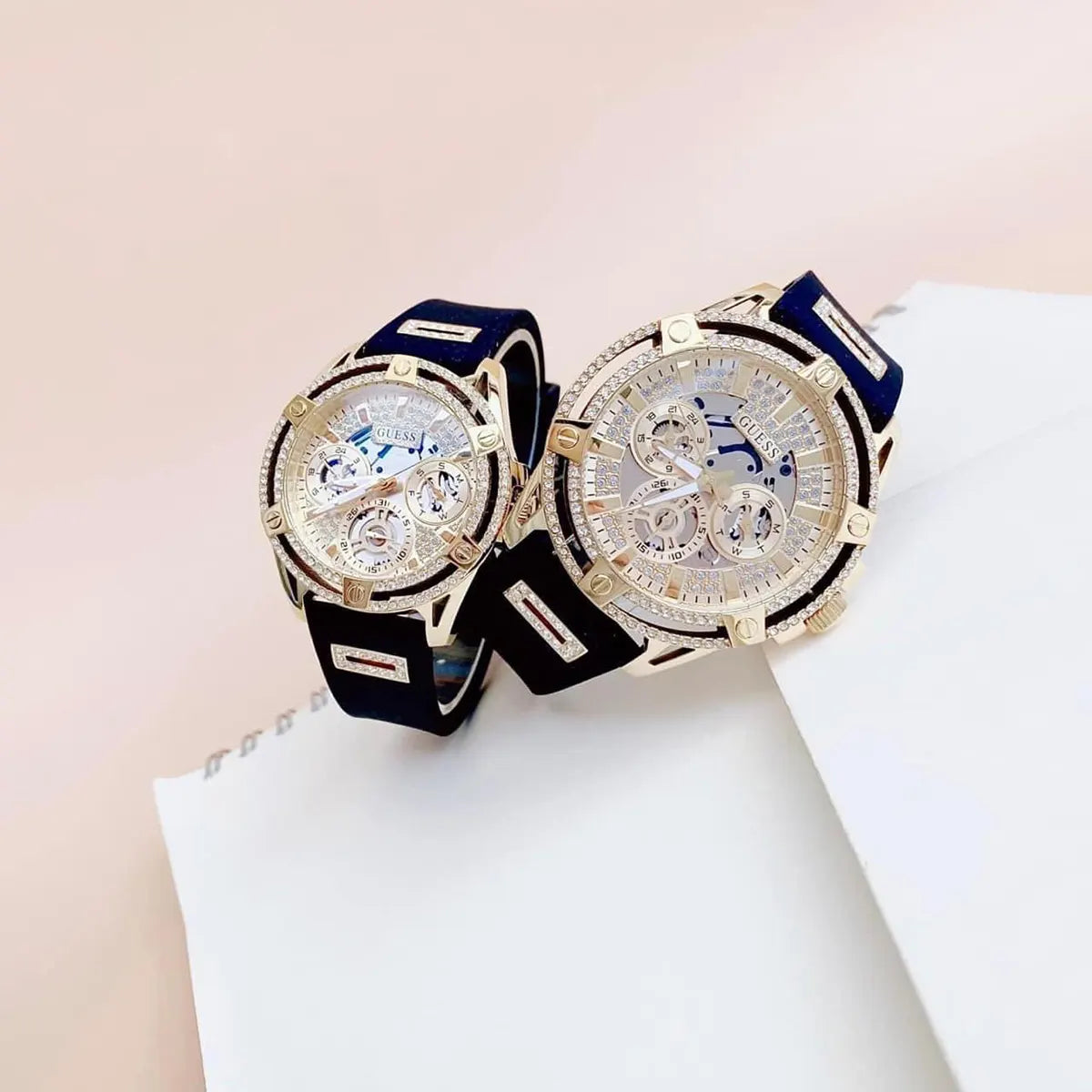Guess King Quartz Crystals Gold Dial Black Silicone Strap Watch For Men - GW0537G2