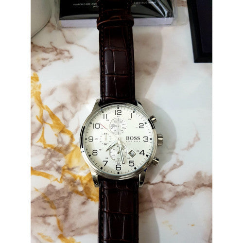 Hugo Boss Aeroliner Chronoraph White Dial Brown Leather Strap Watch For Men - HB1512447