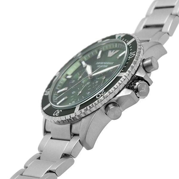 Emporio Armani World Explorer Solar Chronograph Green Dial Silver Steel Strap Watch for Men - AR11741