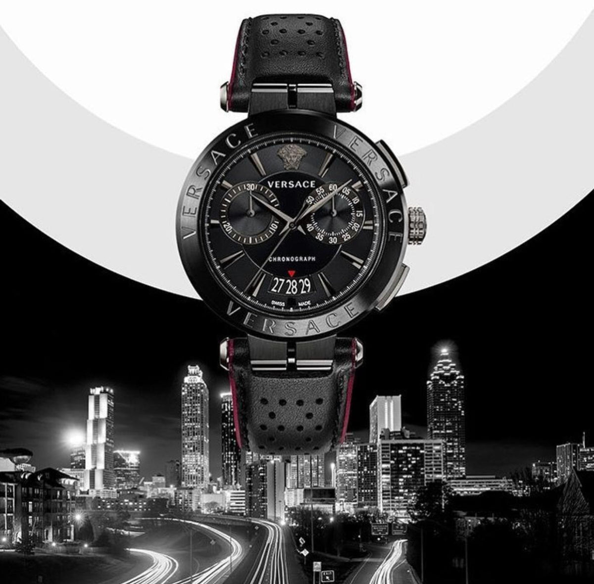 Versace V-Racer Aion Chronograph Black Dial Black Leather Strap Watch for Men - VBR030017