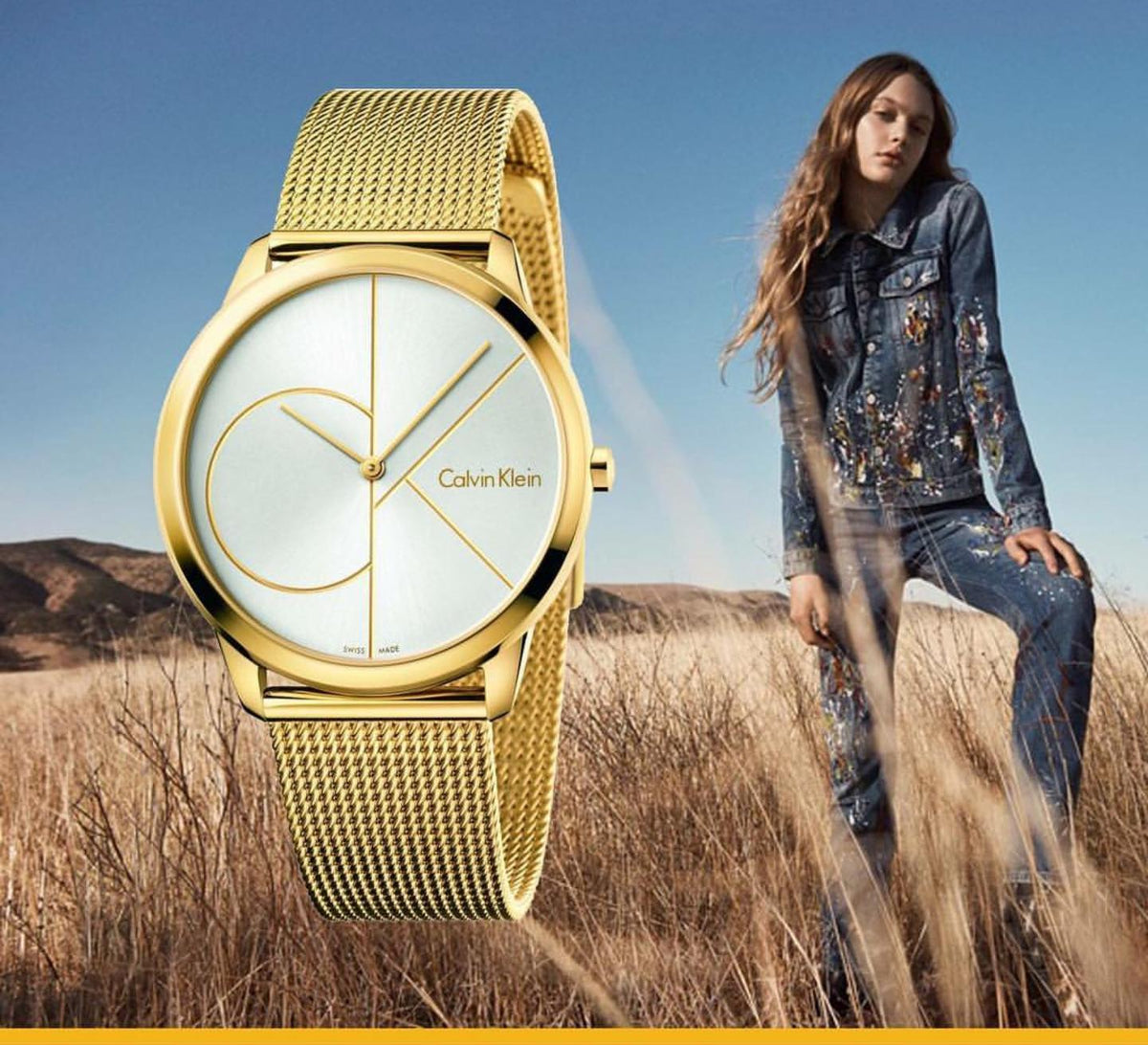 Calvin Klein Minimal Silver Dial Gold Mesh Bracelet Watch for Women - K3M22526