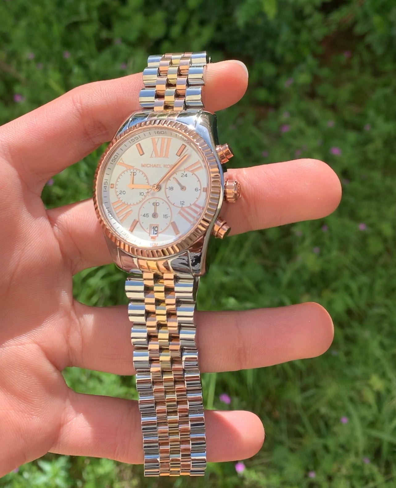 Michael Kors Lexington Chronograph Silver Dial Two Tone Steel Strap Watch for Women - MK5735