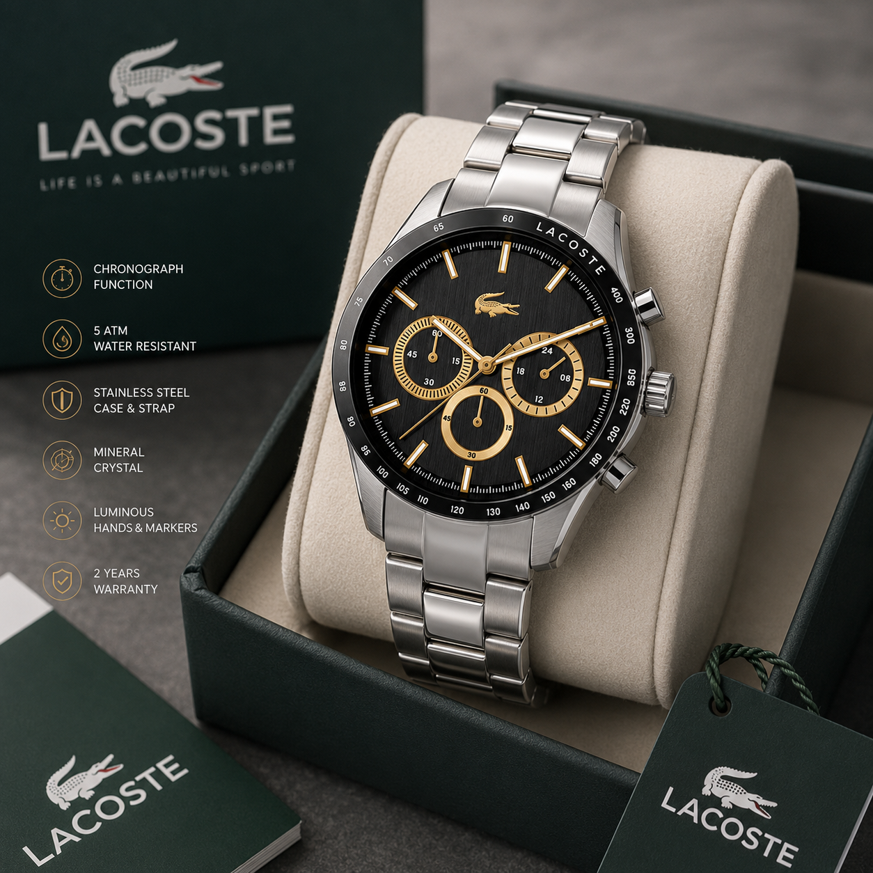 Lacoste Boston Chronograph Black Dial Silver Steel Strap Watch for Men - 2011272