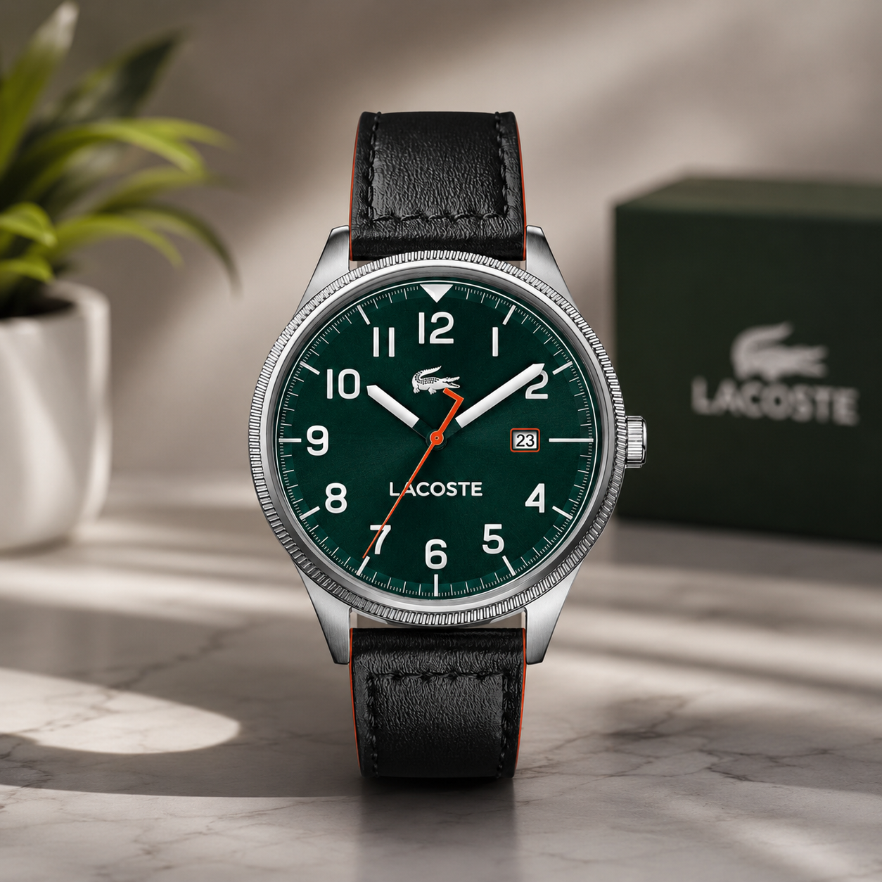 Lacoste Continental Green Dial Black Leather Strap Watch for Men - 2011019