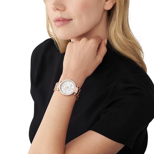 Michael Kors Parker Three-Hand Mother of Pearl White Dial Rose Gold Steel Strap Watch For Women - MK4695