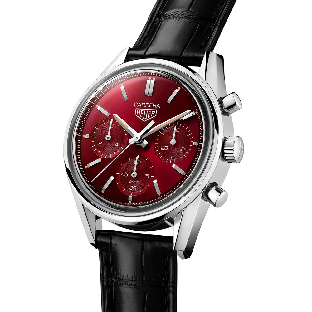 Tag Heuer Carrera Automatic Chronograph Red Dial Black Leather Strap Watch for Men - CBK221G.FC6479