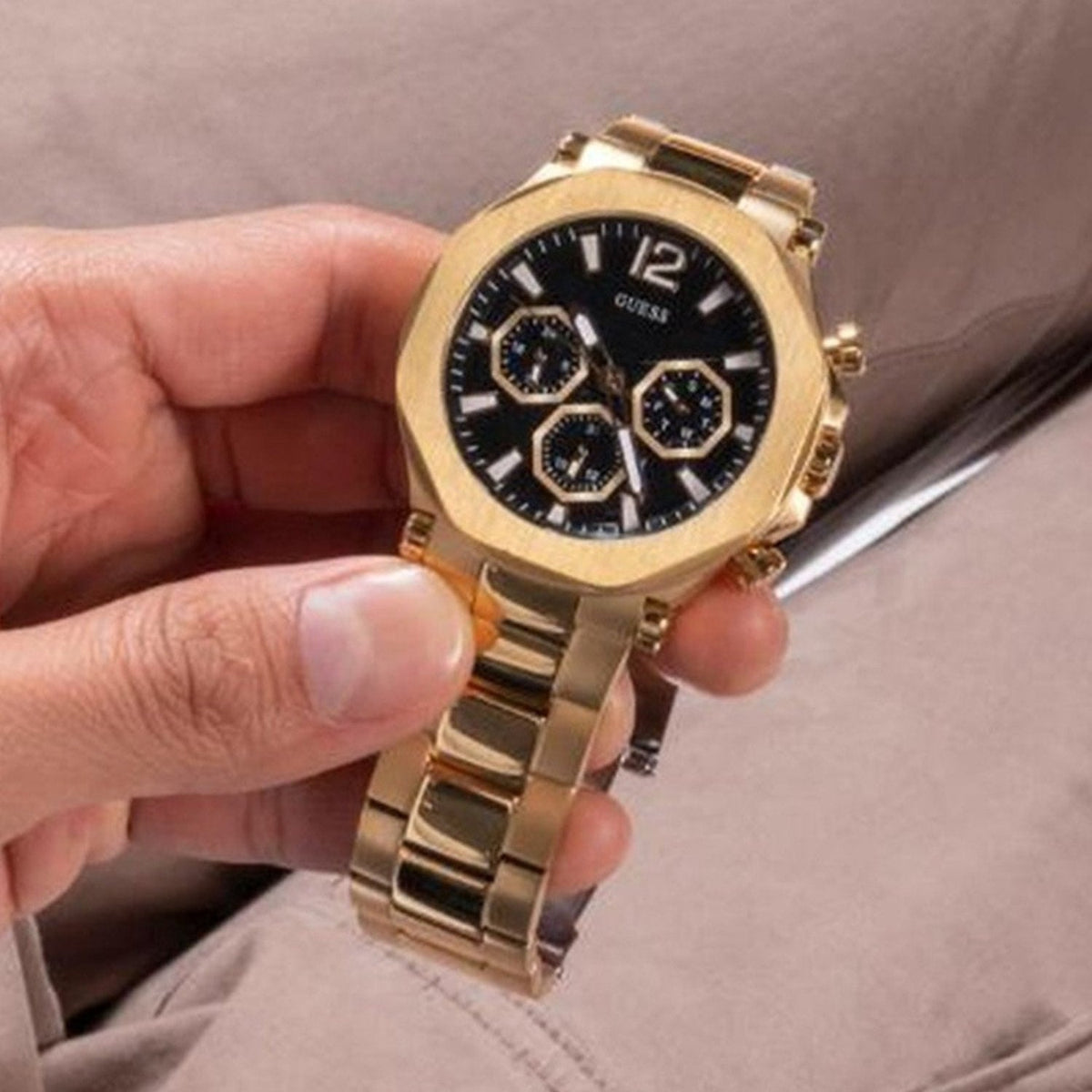 Guess Edge Chronograph Black Dial Gold Steel Strap Watch For Men - GW0539G2