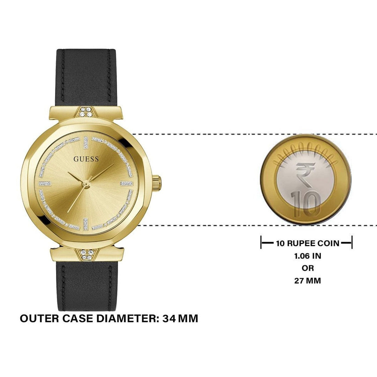 Guess Rumour Quartz Gold Dial Black Leather Strap Watch For Women - GW0689L2