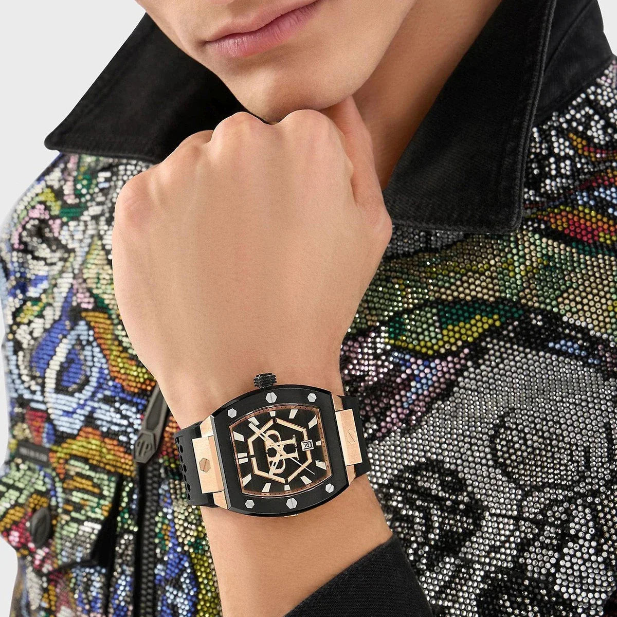 Philipp Plein Hexagon Phantom Black Dial Black Silicone Strap Watch For Men- PWPUA0124
