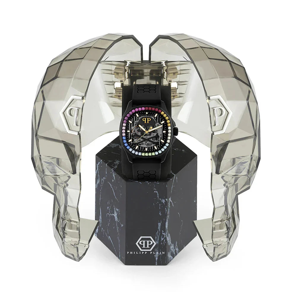 Philipp Plein Skeleton Spectre Black Dial Black Silicone Strap Watch for Men - PWRAA1023