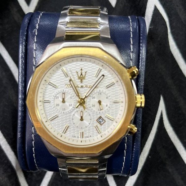 Maserati Stile Chronograph White Dial Two Tone Steel Strap Watch For Men - R8873642009