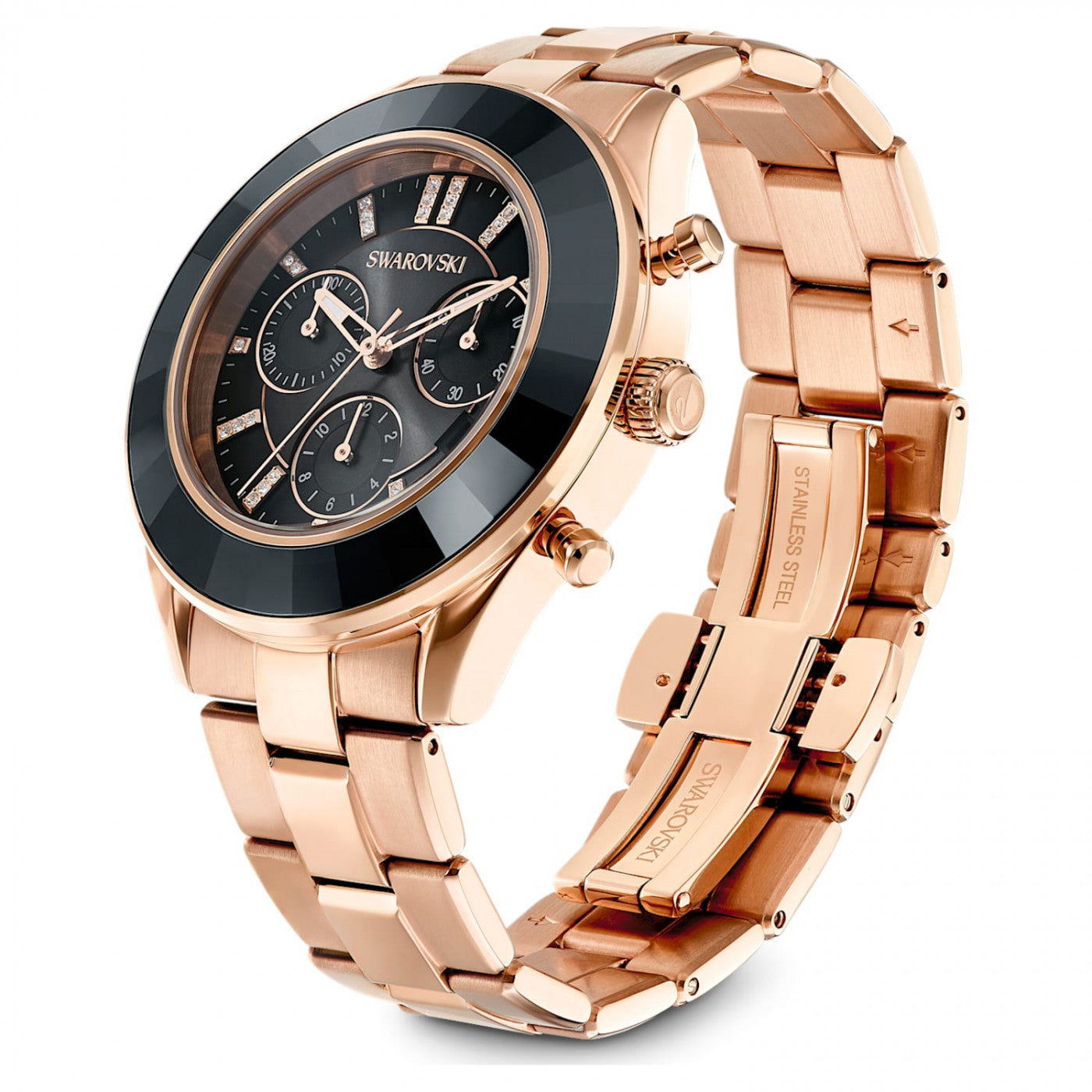 Swarovski Octea Lux Sport Chronograph Black Dial Rose Gold Steel Strap Watch for Women - 5610478