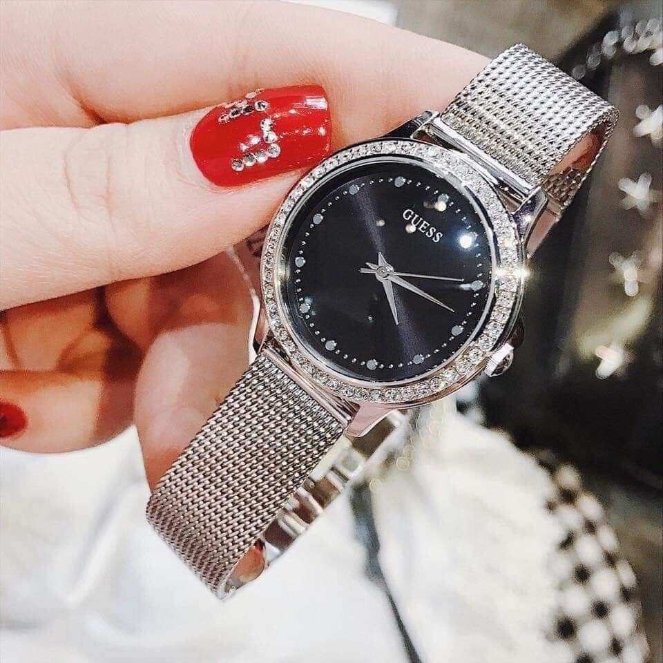 Guess Chelsea Crystals Black Dial Silver Mesh Bracelet Watch For Women  - W0647L5