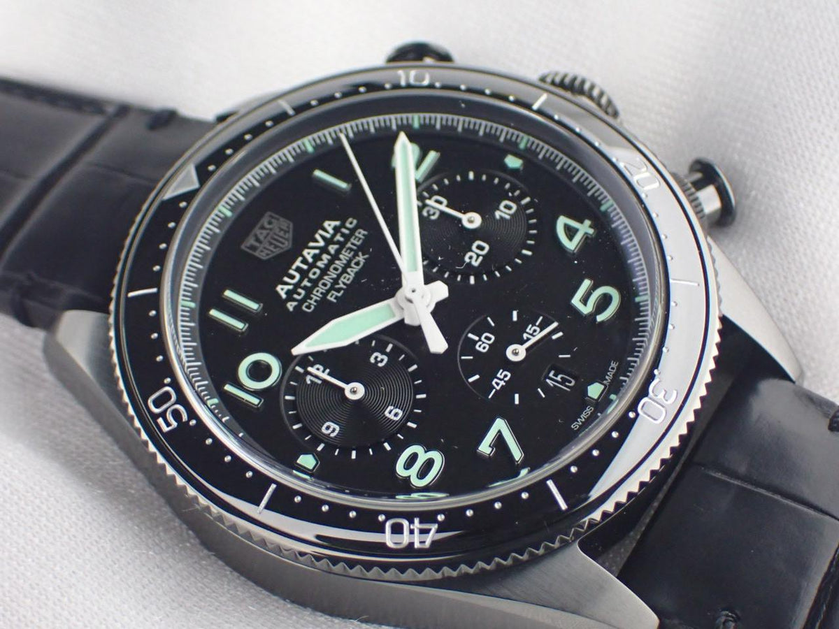 Tag Heuer Autavia Chronometer Flyback Chronograph Black Dial Black Leather Strap Watch for Men - CBE511C.FC8280