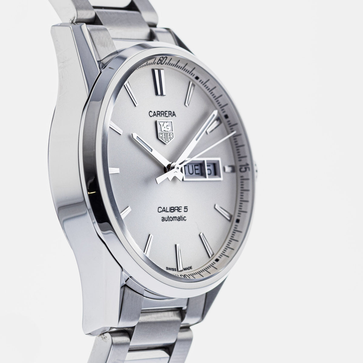 Tag Heuer Carrera Calibre 5 Automatic White Dial Silver Steel Strap Watch for Men - WAR201B.BA0723