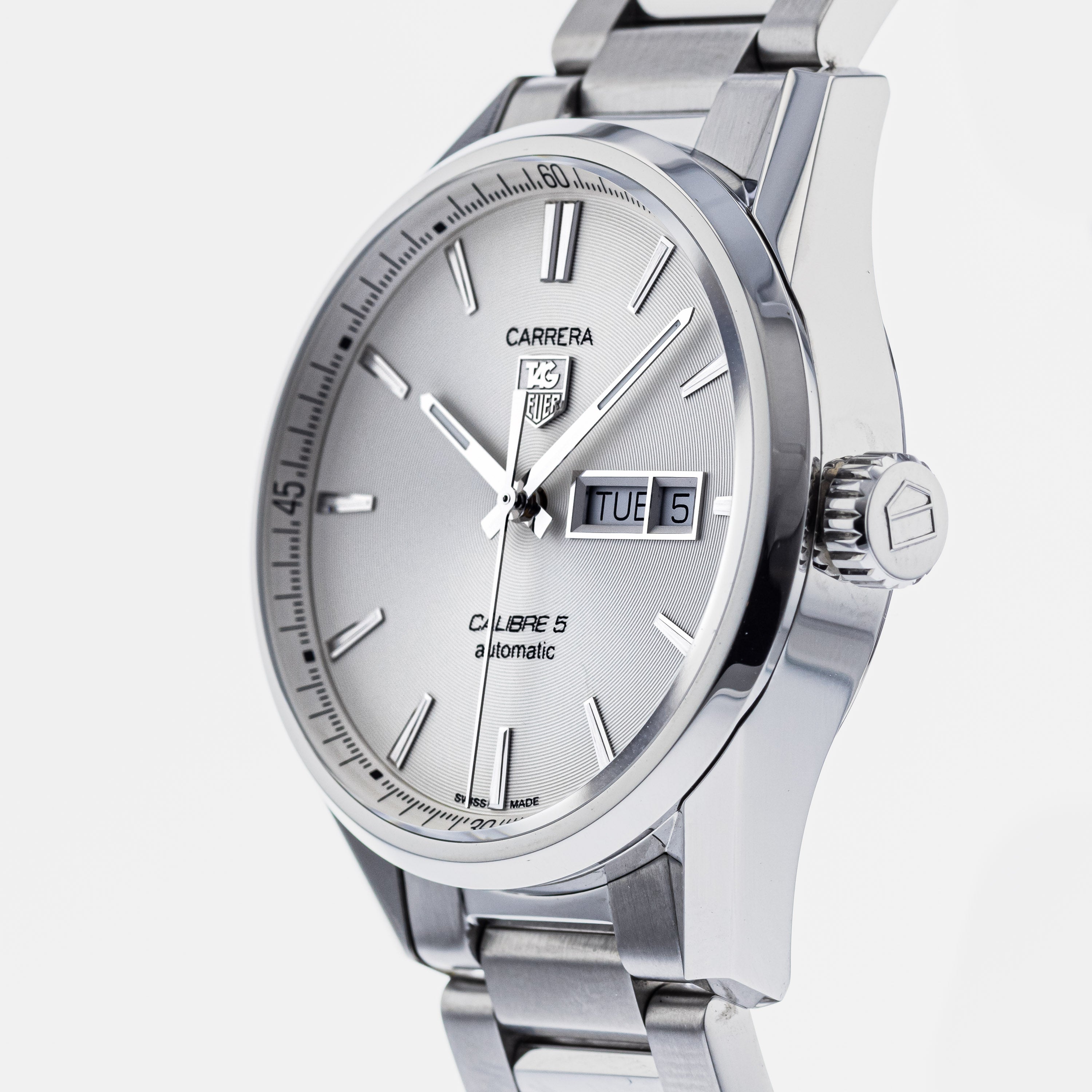 Tag Heuer Carrera Calibre 5 Automatic White Dial Silver Steel Strap Watch for Men - WAR201B.BA0723