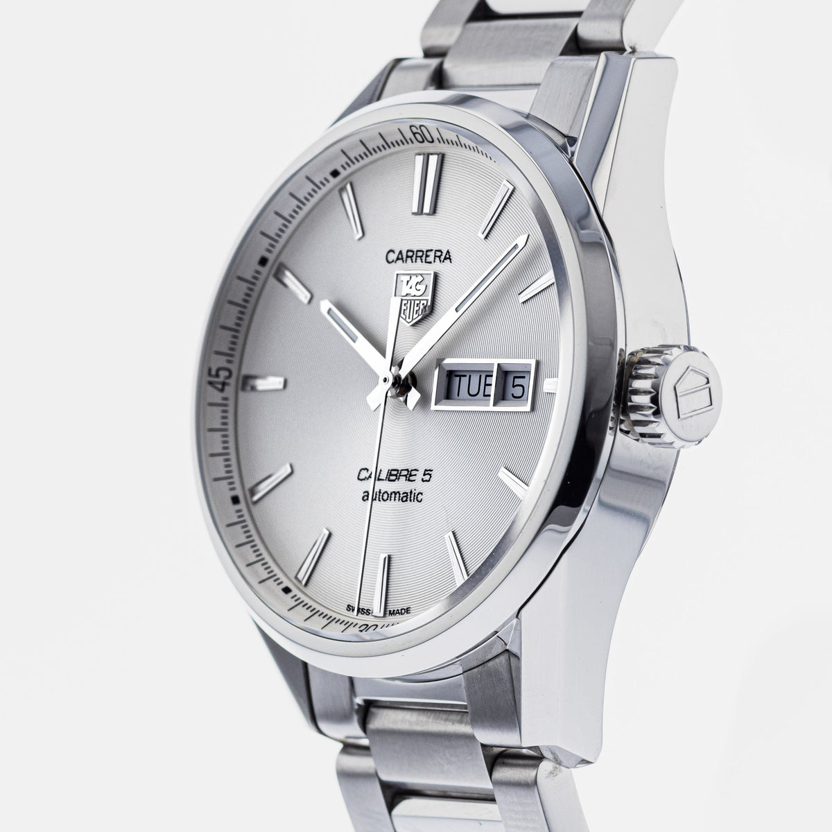 Tag Heuer Carrera Calibre 5 Automatic White Dial Silver Steel Strap Watch for Men - WAR201B.BA0723