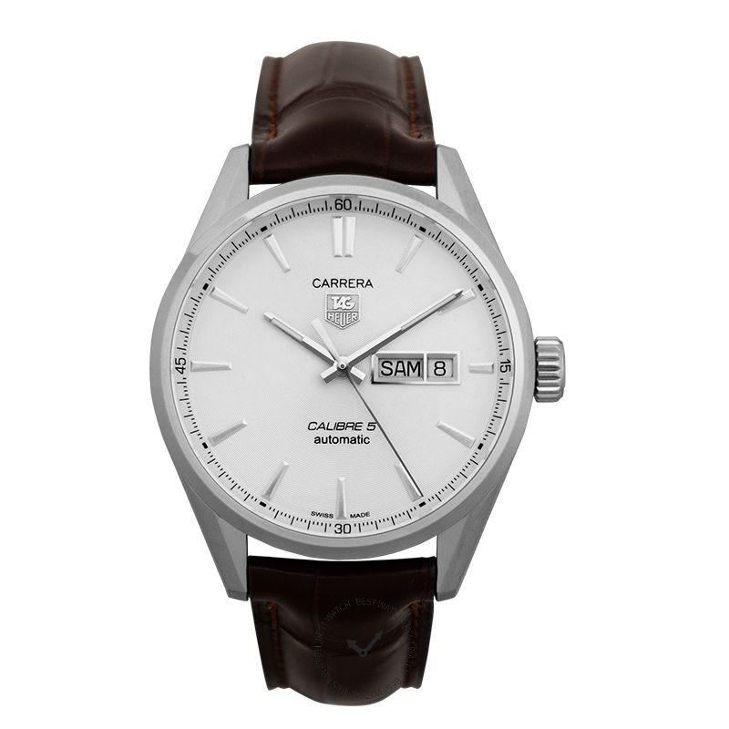 Tag Heuer Carrera Calibre 5 Automatic White Dial Brown Leather Strap Watch for Men - WAR201B.FC6291