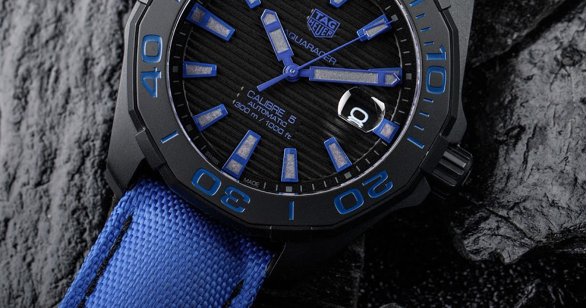 Tag Heuer Aquaracer Calibre 5 Automatic Titanium Black Dial Blue Nylon Strap Watch for Gents - WAY208B.FC6382