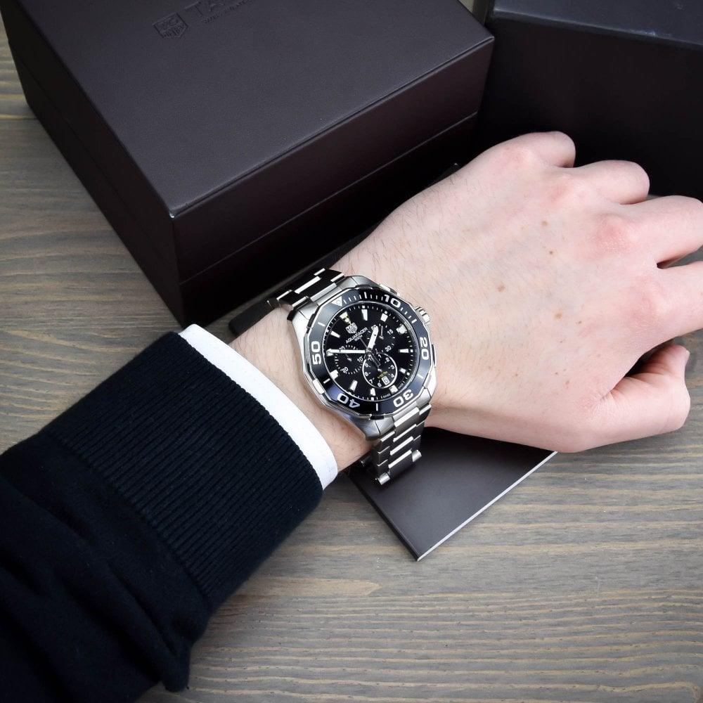Tag Heuer Aquaracer Quartz Chronograph Black Dial Silver Steel Strap Watch for Men - CAY111A.BA0927