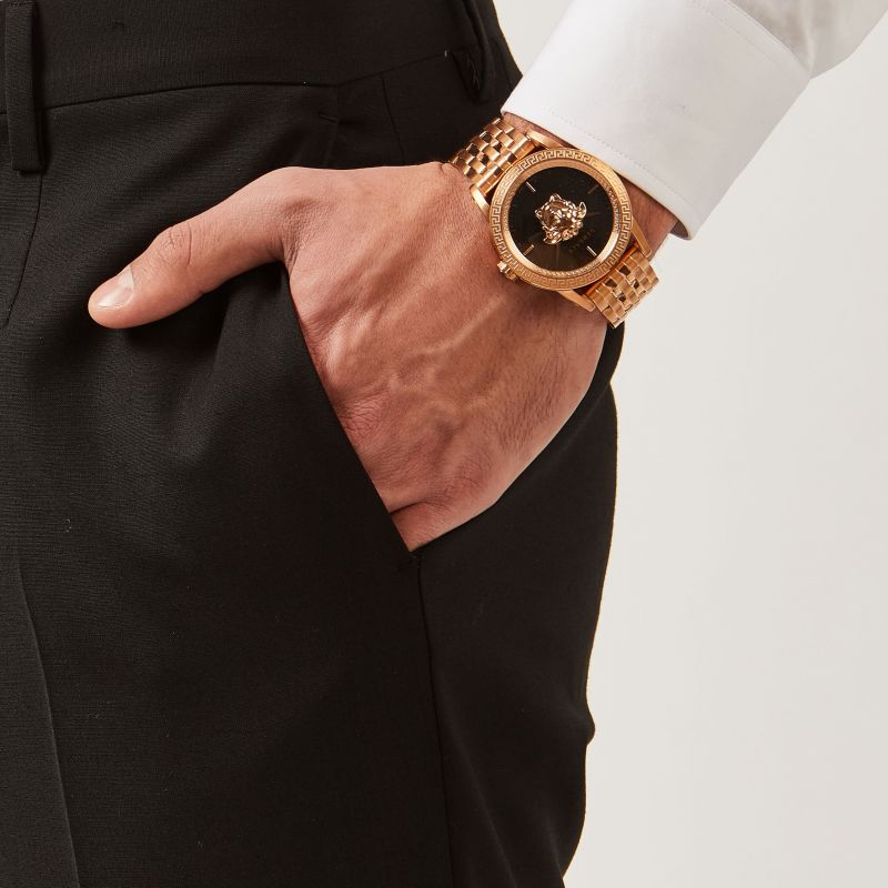Versace Palazzo Empire Black Dial Rose Gold Steel Strap Watch for Men - VERD00718