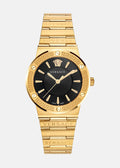 Versace Greca Black Dial Gold Steel Strap Watch for Women - VEVH00820